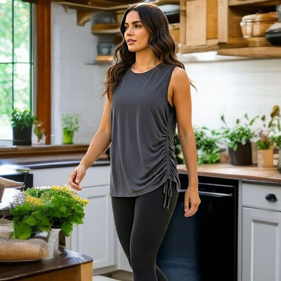 Athleta Ruched Side Tank Top L Dark Gray Sleeveless Athletic Drawstring Workout. - Picture 15 of 16